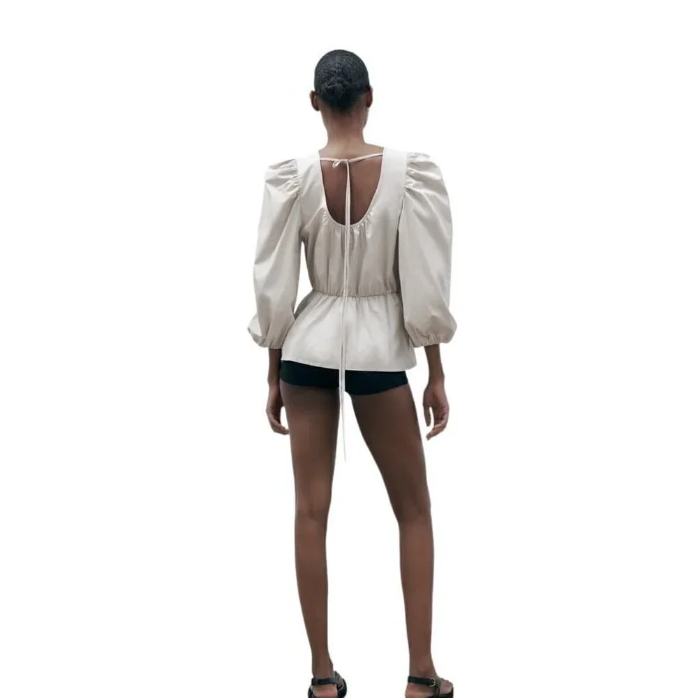 ZARA TOP WITH PUFF SLEEVES GREY / BEIGE SIZE S | 3136/545